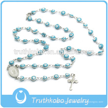 Jóias de natal católica plástico espírito eves colar de pérola azul wih jesus sideway cruz rosário colar